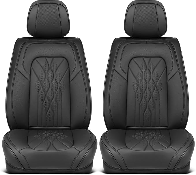 MotorBox Haven Series Napa Leather Seat Covers for Cars, Front Seat Covers, Mosaic Stitch Edition - Soft PU Leather Black Car Seat Covers for Cars Trucks SUVs, Front Seats Only