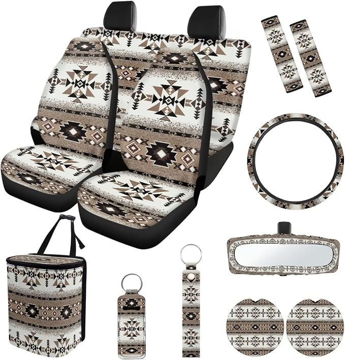 Suobstales Aztec American Tribal Geometric Print Car Seat Covers Set with Steering Wheel Cover, Seatbelt Pads, Coasters, Car Garbage Can, Rearview Mirror Cover, Keychains, 13pcs Auto Accessories