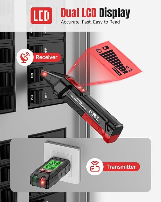 Circuit Breaker Finder Kit, GFCI Tester Circuit Tracer with NCV Test, Flashlight, LCD Receiver, Carry Case & Adapters for 90-250V AC Home Circuits