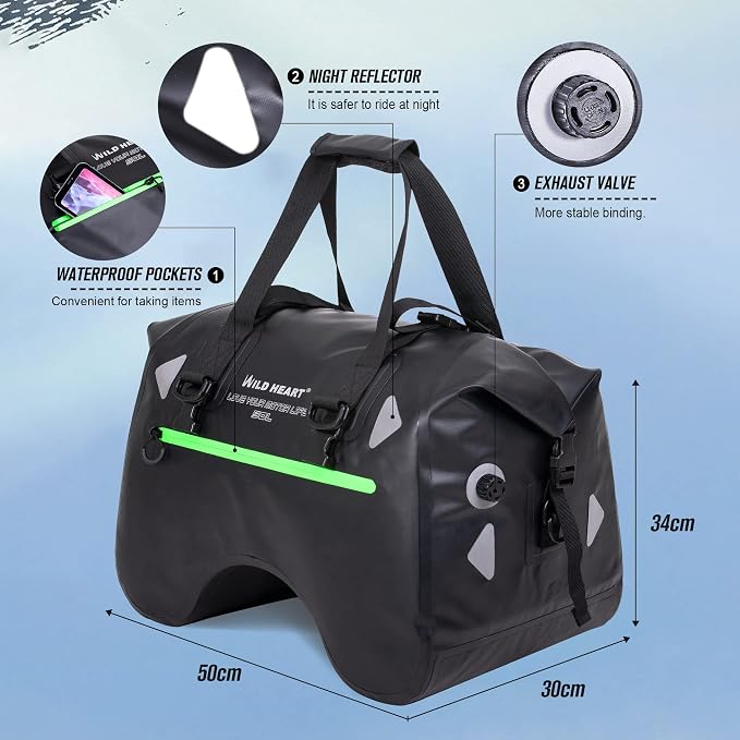 WILD HEART Dry Motorcycle Tail bag 70L/50L With Rope Straps and Inner Pocket Waterproof PVC 500D for Travel,Motorcycle and so on