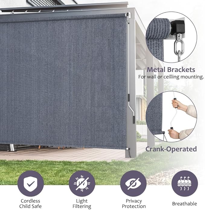 KELIXU Patio Shades Roll Up Outdoor Blind, 6' W x 8' H Cordless Sun Shade Privacy Screen with 90% UV Protection Exterior Roller Shade Cloth for Porch Pergola Backyard Windows Balcony, Blue-Gray