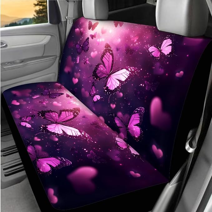 8 Pcs Pink Butterfly Car Interior Accessories Set for Women, Car Seat Cover Full Set with Steering Wheel Cover Center Console Seat Belt Pads, Automotive Decorations