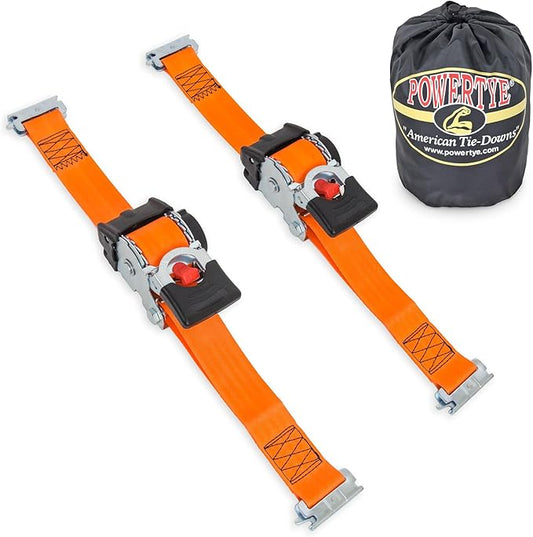 PowerTye - 2 inch x 10ft Long Retractable Ratchet Tie Down Strap with E-Track Clips - Self-Retracting Ratchet, 800 lb W.L.L., Ideal for Cargo, ATV, Golf Carts, Includes Storage Bag, Orange (Pair)