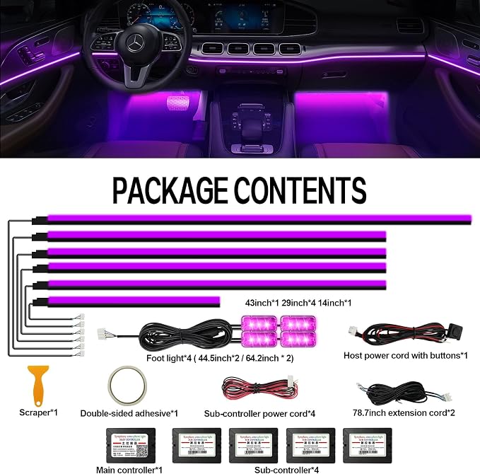 Acrylic Interior Car Lights, WEBUPAR Car Accessories 10 in 1 Car LED Strip Lights with APP Control, 175 inches 593 LEDs Fiber Optic Lights, RGB Neon Light Kits