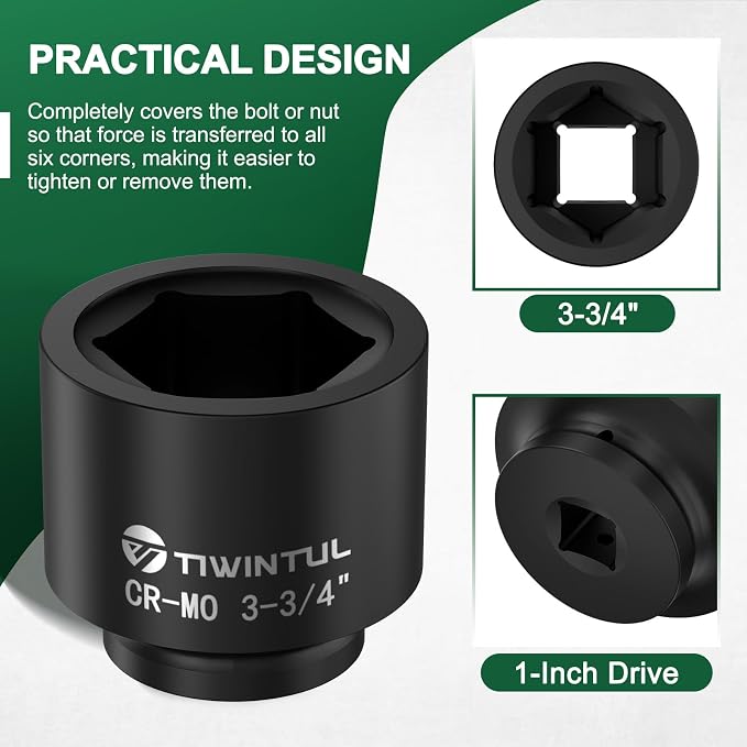 3-3/4" Impact Socket 1" Drive, Deep 6 Point CR-MO Heavy Duty Socket, Single Axle Nut Socket for Mining Trucks, Oilfield & Wind Turbine Flange Bolts, Railway & Port Equipment, ANSI Certified