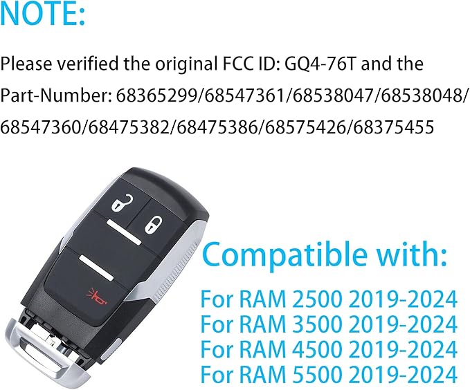 Smart Key for Dodge RAM 2019-2024, Alliskeys Vehicle Proximity Remote Control Key Fob Replacement for RAM 2500 3500 4500 5500 GQ4-76T 68365299