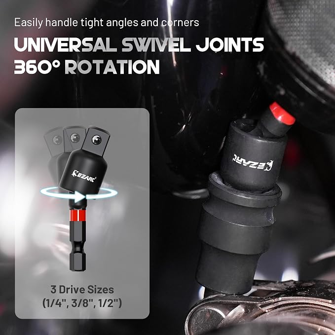 EZARC 14PC Impact Socket Adapter Set, 1/4",3/8",1/2" Square Drive Socket Adapter,Quick-Release & Magnetic Drill Bit Extension,Swivel & Right Angle Drill Attachments for Power Drill & Impact Driver