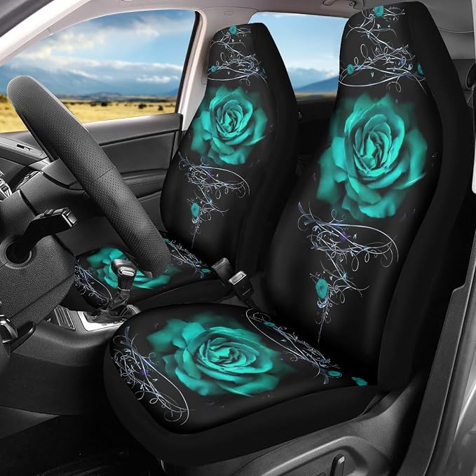 Howilath Green Rose Flowers Print Car Front Seat Covers, 10pcs Car Front Seat Covers/Steering Wheel Cover/Seatbelt Pads/Keychain/Armrest Cushion/Coasters Vehicle Seat Protector Accessories