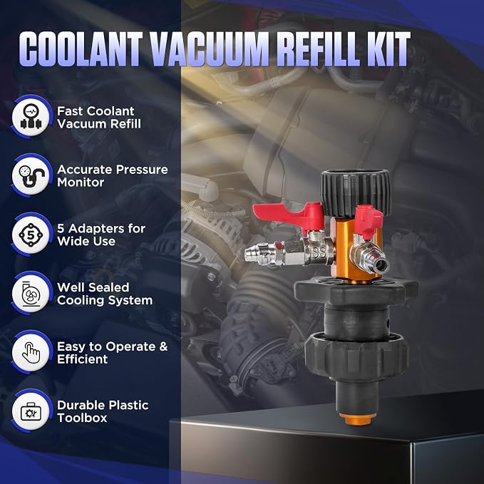 MR CARTOOL Coolant System Refill Kit, Automotive Vacuum Fill Coolant Tool Set with Pressure Gauge, 5 Adapters and Air Connectors, Antifreeze Change Tool for Testing Radiator and Heating Core Pipes