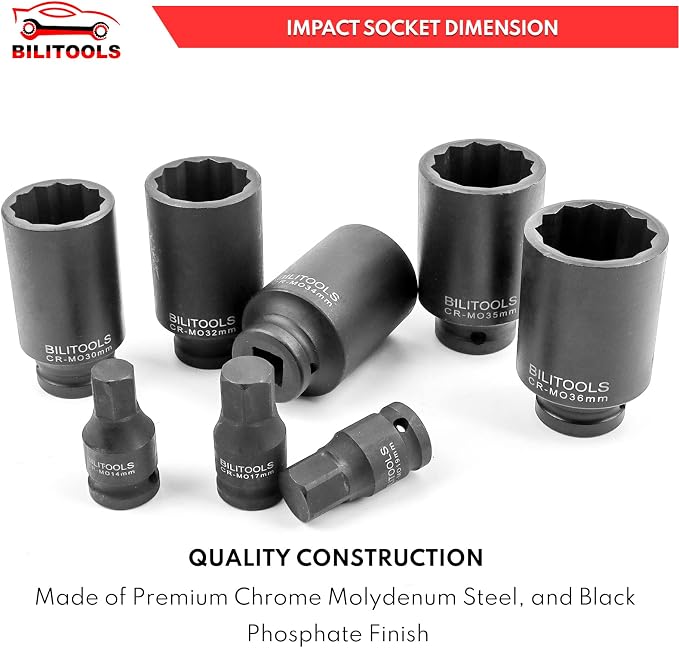 BILITOOLS 3/4 inch Drive Extension Set &1/2" Drive Deep Axle Nut Spindle Impact Socket Set | 12 Point | CR-MO | 14-17 - 19-30 - 32-34 - 35-36 mm