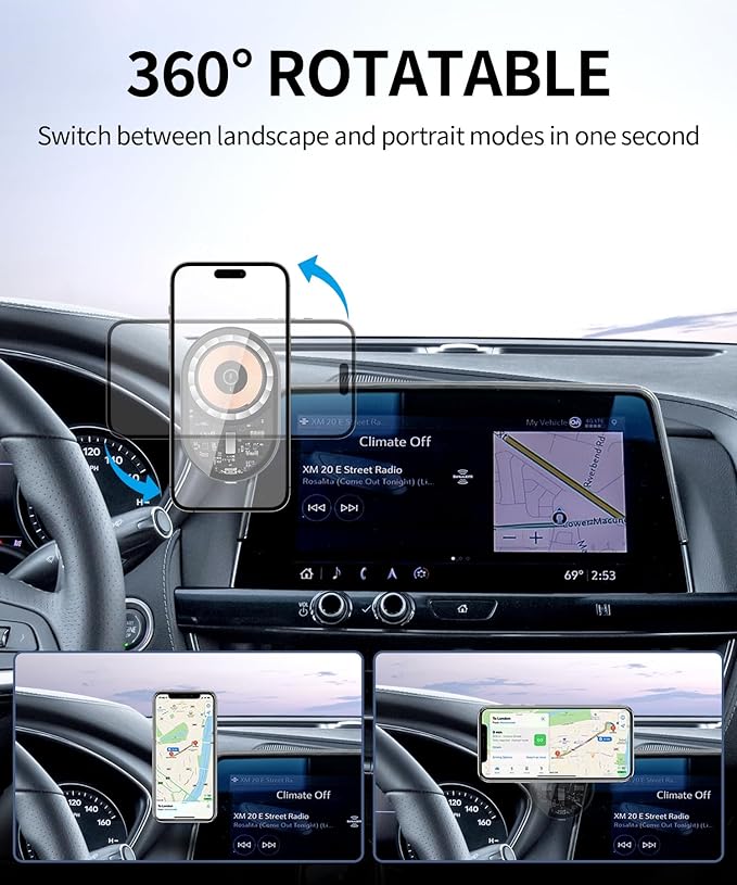 Wireless Charging Car Phone Holder for Cadillac CT5 2020-2024 / CT5-V 2023-2024, 10" Screen Fixed Clip, 360° Rotation Car Phone Mount Compatible with MagSafe