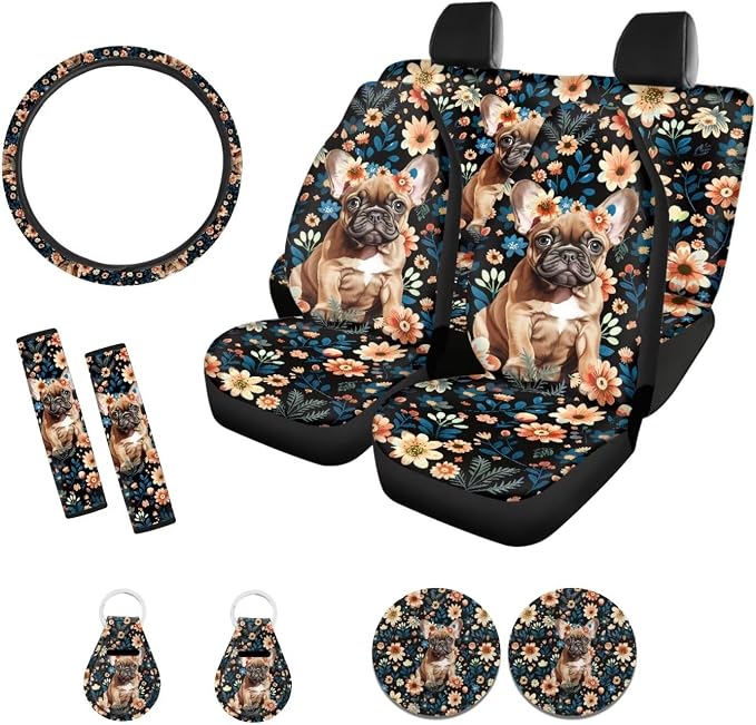 Suobstales French Bulldog Flower Print Car Seat Covers Full Set for Women Girly Seat Cover Protector Auto Decorative with Steering Wheel Cover +Seat Belt Covers +Coasters +Keychains