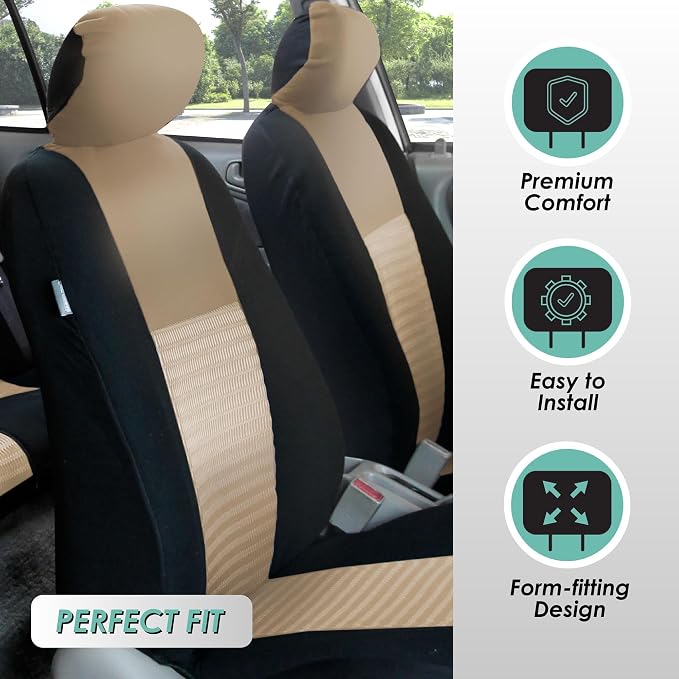 FH Group Car Seat Covers Trendy Elegance 3D Air Mesh Car Accessories, Airbag Compatible and Split Ready Beige Three Row Set 8 Headrest Covers Universal Fit Interior Accessories for Cars Trucks SUV