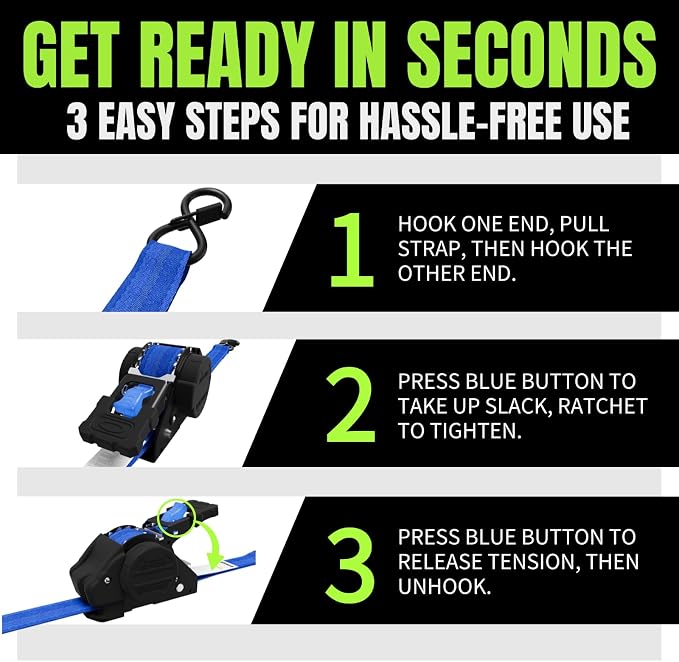 Retractable Ratchet Straps, 4-Pack, 1 Inch x 12 Feet Heavy Duty Tie Downs, 1760lb Break Strength, Self Retracting for Truck, Cargo, Trailer, Motorcycle, ATV, UTV (Blue, 4pack)