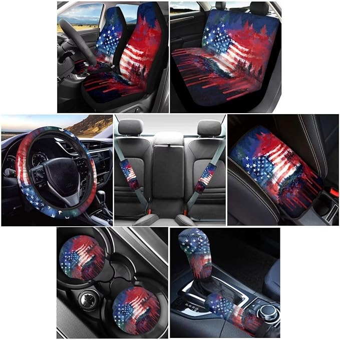 Wanyint Car Seat Cover Set 12 PCS, with Steering Wheel Cover Seat Belt Armrest Handbrake Gear Shift Knob Cover Set Coasters Auto Accessories, Watercolor American Flag Forest