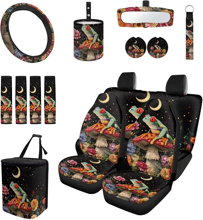 Moon Mushroom Frog 15Pcs Car Seat Cover Full Set Car Steering Wheel Cover Seat Belt Cover Trash Bin Front Rear View Mirror Car Cup Holder Keychain