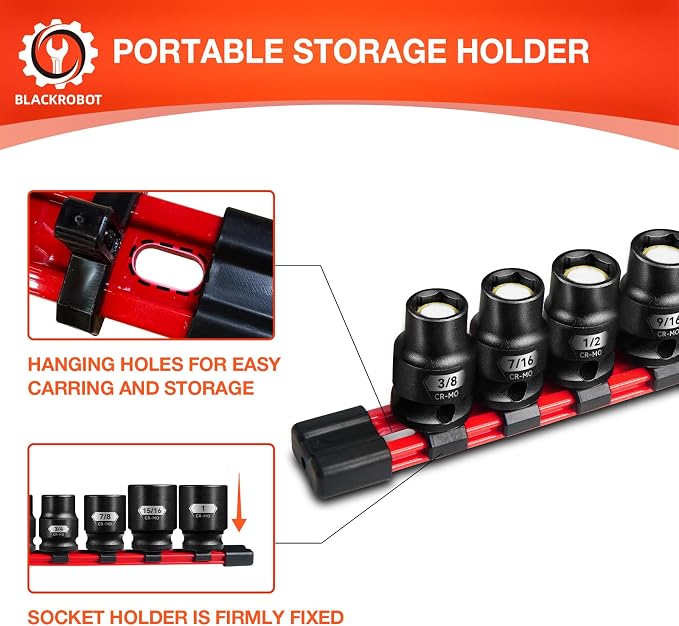 BLACKROBOT 1/2" Drive Magnetic Impact Socket Set, 10-Piece Shallow Socket Set with Storage Rail, SAE 3/8" to 1", 6-Point Magnetic Sockets, Cr-Mo Steel