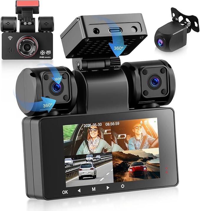 4 Channel 360° Dash Cam, 2K Front 1080P Rear Left Right, 3" IPS Screen, 5G WiFi APP Control, 8 IR Night Vision, G-Sensor, Loop Recording, 24/7 Parking Monitoring for Cars, Trucks, SUVs