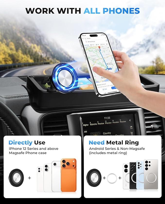 Autorder Magnetic Phone Mount for 2013-2018 Dodge RAM 1500/2500/3500 & 2019+ Classic Accessories - Dash Organizer & Cell Phone Holder for Ram Truck - Hands Free 360° Rotation - ABS Material