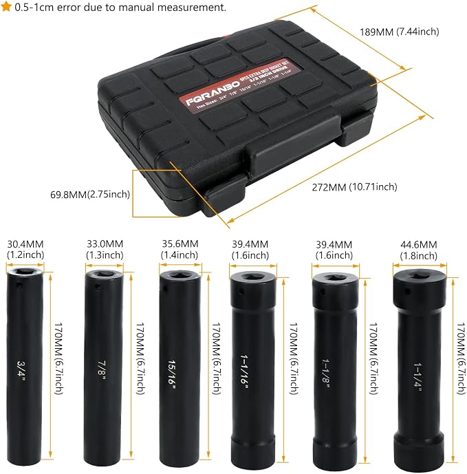 1/2 Inch Drive Extended Length Impact Socket Set, 6 Sizes Extra Deep Socket Set - Hex 3/4", 7/8", 15/16", 1-1/16", 1-1/8", 1-1/4" for High Torque Use (Extended Length)