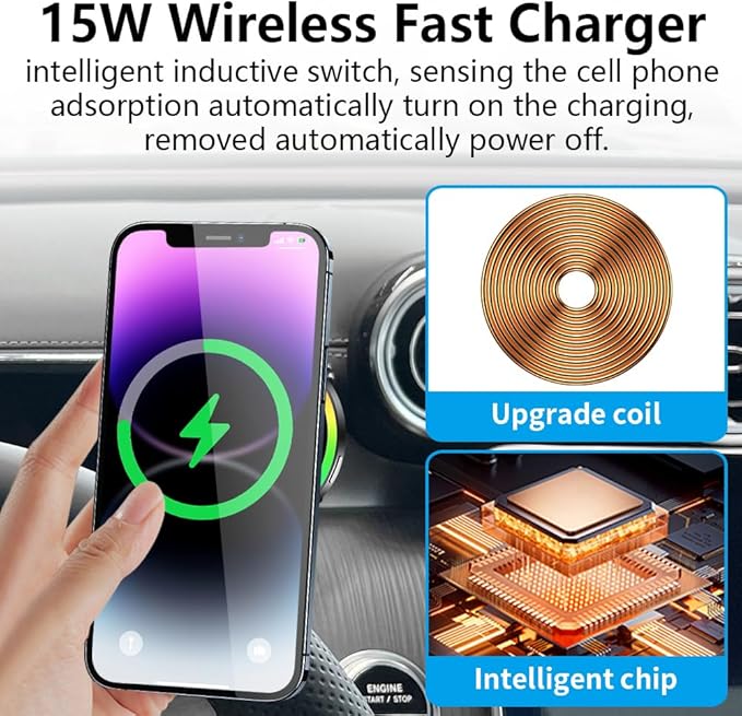 Car Magnetic Phone Mount for Mercedes Benz C-Class 2022-2025 and GLC Class 2023-2026 and CLE 2024-2026 Auto Accessories Best Cellphone Holder Fast 15W Wireless Charger Cell Phones Screen Stand