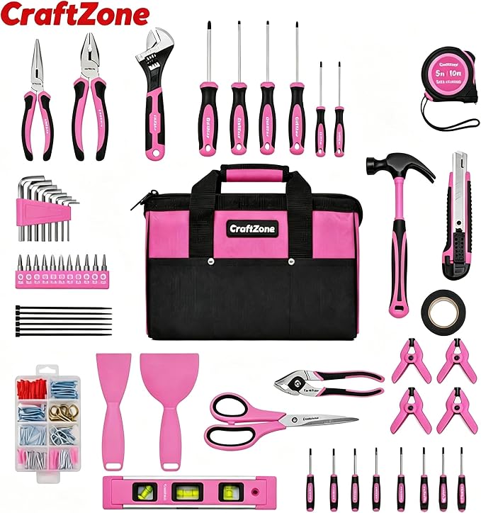 CRAFTZINE 231PCS Pink Tool Kit for Home and Auto Repair, Portable Tool Bag with Wide Mouth Storage | Mechanic Hand Tool Set for Women - Pink Ribbon Design | Pink Ribbon Design