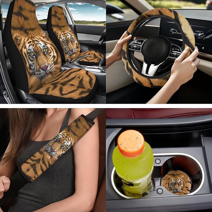 Bulopur Tiger Print Automotive Seat Covers Full Set with Car 15 Inch Steering Wheel Cover Elastic Armrest Cushion Pad Vehicle Seat Belt Cushion Pad Keychain Auto Interior Accessories Set 14 Piece