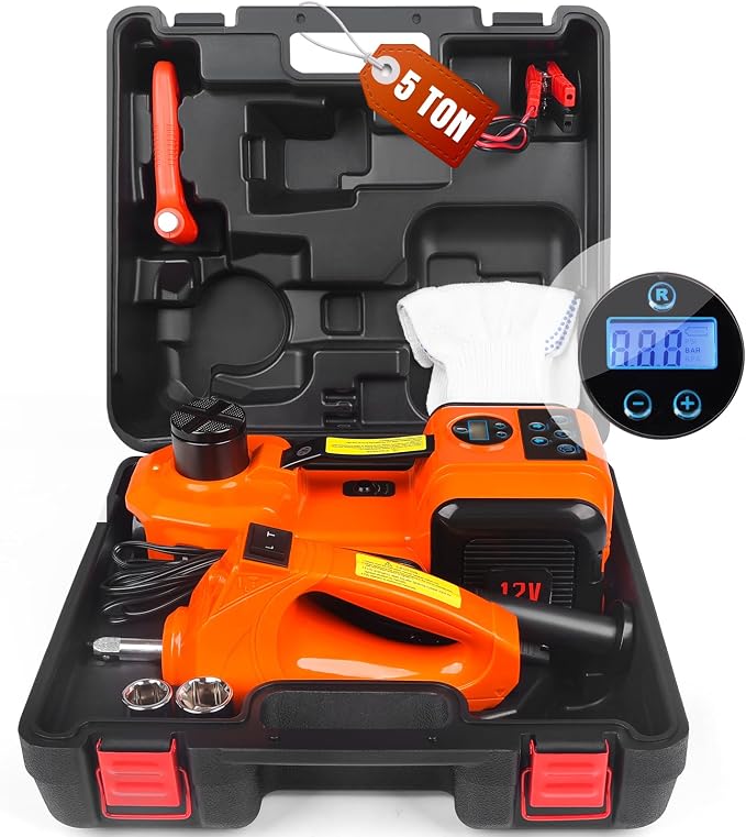 3-in-1 Electric Hydraulic Car Jack Kit – The Ultimate CarJack Electric for Effortless Tire Changing, Robust 5 Ton 12V Jack with LED & Impact Wrench, Designed for Cars, SUVs, and Trucks
