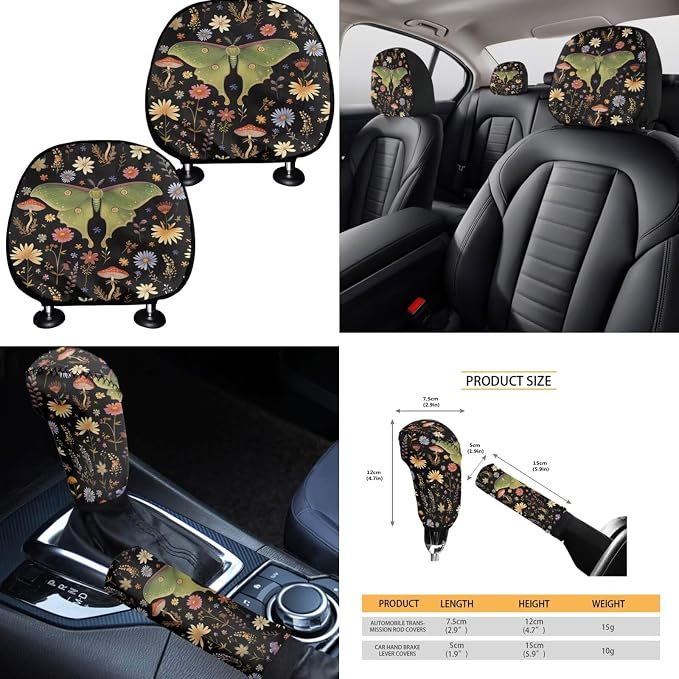Moth Floral Car Seat Covers Full Set 15 Pcs Universal Car Accessories Steering Wheel Cover Seat Belt Pads Garbage Bag Car Headrest Pillow Covers Armrest Pad