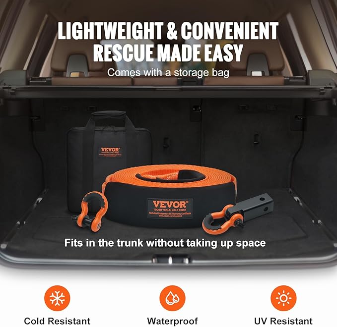 VEVOR Polyester Heavy Duty Tow Strap Recovery Kit 3" x 30 ft (MBS-36,000 lbs) Winch Strap, Triple Reinforced Loop, Snatch Strap + 2" Shackle Hitch Receiver + 3/4" D-Ring Shackles (2PCS) + Storage Bag