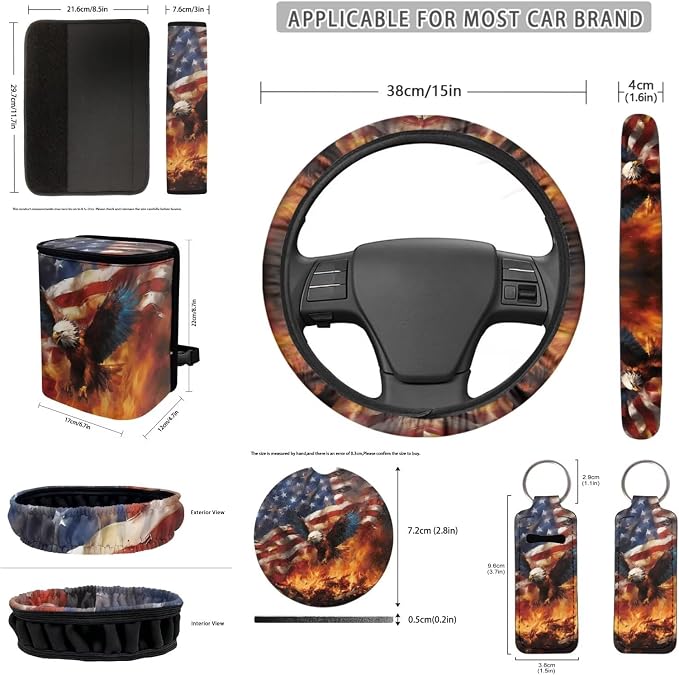 Flag Eagle 12 Pack Car Seat Covers Car Steering Wheel Cover Auto Seat Belt Cover Car Trash Can Rear View Mirror Cover Universal Car Interior Accessories Decoration Fashion Auto Interior