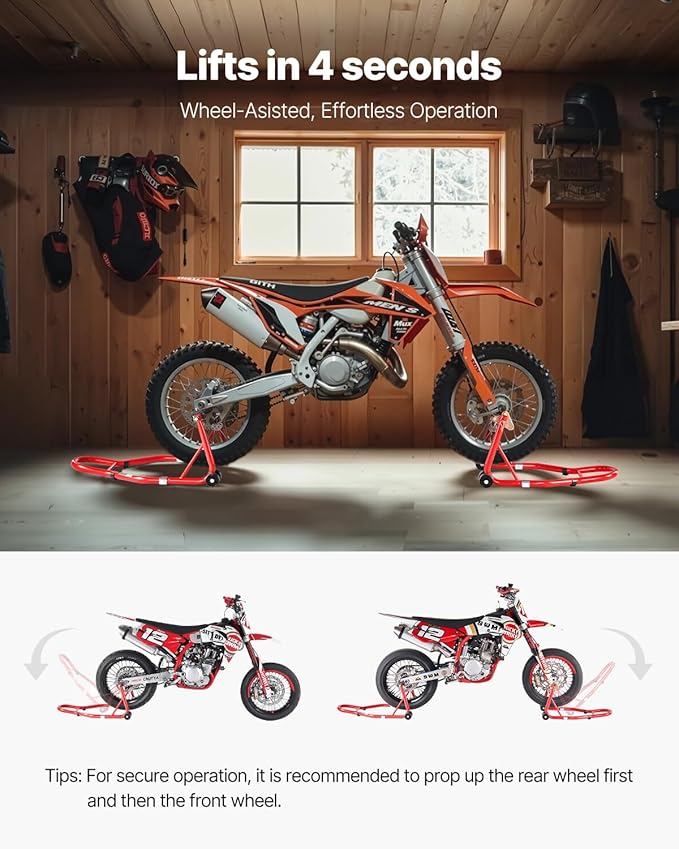 VEVOR Motorcycle Stand Lift, 850lbs Capacity Front Rear Combo Stand Lift, Front Wheel Dual-Fork Stand, Rear U+L Fork Swingarm Spool Stand, for Most Yamaha Honda Kawasaki Suzuki Motorcycles, Red