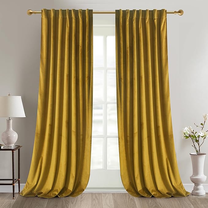 Roslynwood Luxury Soft Olive Yellow Velvet Curtains 84 inches Long Back Tab Thermal Insulated Blackout Window Drapes for Living Room/Bedroom/Dining Room, W52 x L84,2 Panels