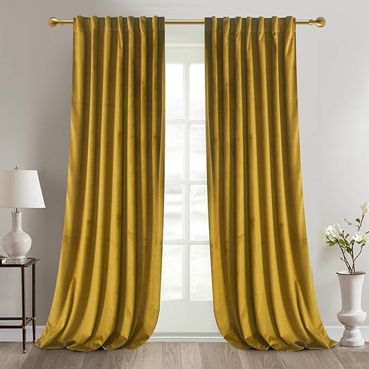 Roslynwood Luxury Soft Olive Yellow Velvet Curtains 90 inches Long Back Tab Thermal Insulated Blackout Window Drapes for Living Room/Bedroom/Dining Room, W52 x L90, 2 Panels