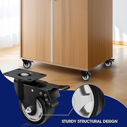 3" Heavy Duty Plate Casters, 1000 Lbs Dual Brake - Set of 4 | Black 1000 Lbs per 4 casters. 360° Swivel. Dual lock. PU won't mark floors. For workbench, furniture, cart.