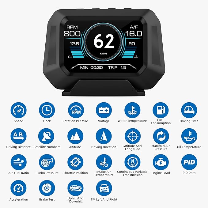 AZIJYV Obd2 Gauge Display P21, Heads Up Display for Cars, Displaying Multiple Functions, Speedometer, Slope Meter, Digital Speedometer for car Suitable for After 2009