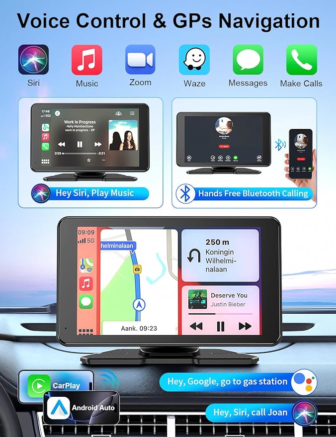 Carplay Screen for Car, 7" HD Portable Car Stereo Touch Screen with Wireless Android Auto, Backup Camera with LED/Mirror Link/Voice Control/Bluetooth/GPS/AUX/FM Satellite Radio for All Vehicles