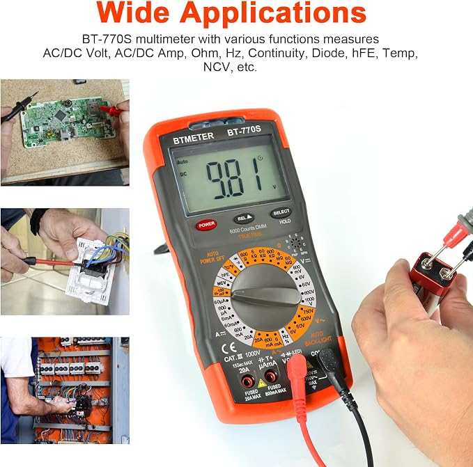 BTMETER BT-770S Multimeter Manual Ranging Electric Meter, for AC DC Volt Amp Ohm Capacitance Frequency with Continuity Tester, Auto Backlit for Automotive Hobbyist Electrical Home