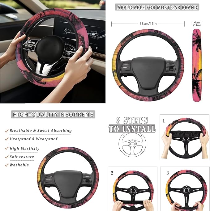 Sunset Tropical Palm 15 PCS Car Seat Cover Full Set, with Steering Wheel Cover Seat Belt Cover Trash Cans Rear View Mirror Cover Cup Coaster Keychain Universal Fit