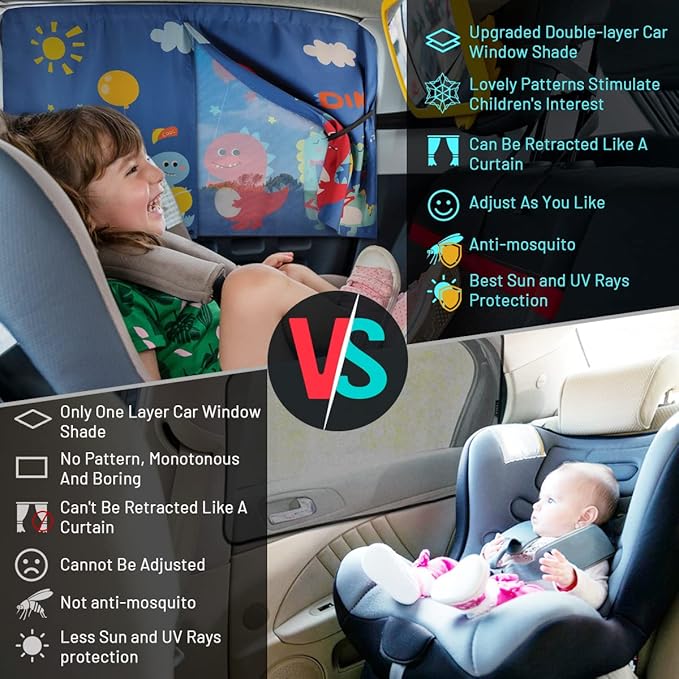 DIZA100 Car Window Shades, 2 PCS Magnetic Double Layer Sun Shade, Side Windows Privacy, Full Covers/Half Shade Options, Cute Dinosaurs, Compatible with Car, SUV, Minivan