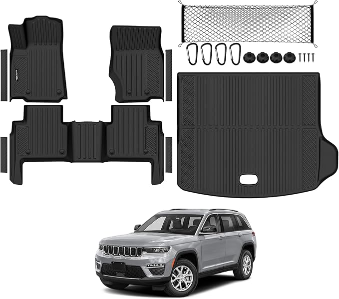 Tongama-Floor Mats for 2022-2025 2026 Jeep Grand Cherokee (Include 4xe Not WK or L), All Weather TPE Trunk Mat and Cargo Net and Door Sill Guards for Jeep Grand Cherokee Floor Liner Accessories