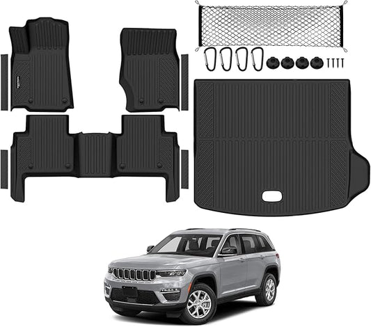 Tongama-Floor Mats for 2022-2025 2026 Jeep Grand Cherokee (Include 4xe Not WK or L), All Weather TPE Trunk Mat and Cargo Net and Door Sill Guards for Jeep Grand Cherokee Floor Liner Accessories