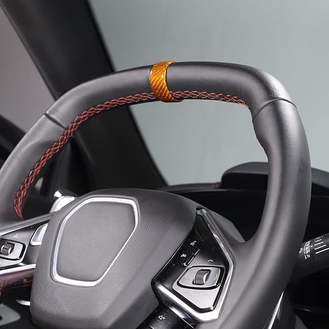 Daeiclru Real Carbon Fiber Steering Wheel Circle Cover Sticker Compatible with Chevrolet Corvette C8 Stingray 2020-2025, Steering Wheel Top Center Guide Decorative Accessories (Yellow)
