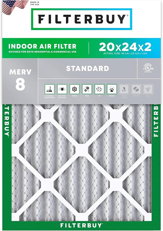 Filterbuy 20x24x2 Air Filter MERV 8 Essential Dust & Allergy Defense (1-Pack), Electrostatic Pleated HVAC AC Furnace Filters Replacement (Actual Size: 19.38 x 23.38 x 1.75)