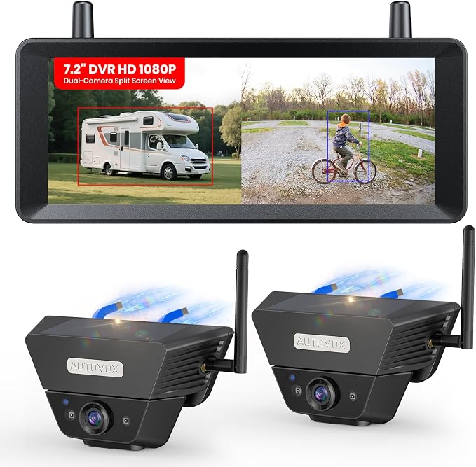 AUTO-VOX 2 Solar Magnetic Wireless Backup Camera Kit: Watch Rear and Side Views, Spot Cars and Pedestrians, 2 Min Easy Mount, 7.2 inch Split Screen, Back Up Camera for Truck RV Trailer Camper