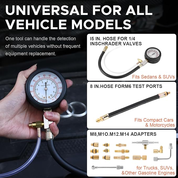 Fuel Pressure Detector kit 0-140 PSI, Universal Fuel Injection Pump Pressure Gauge kit with Quick Release Valve. ((TU-114Black)