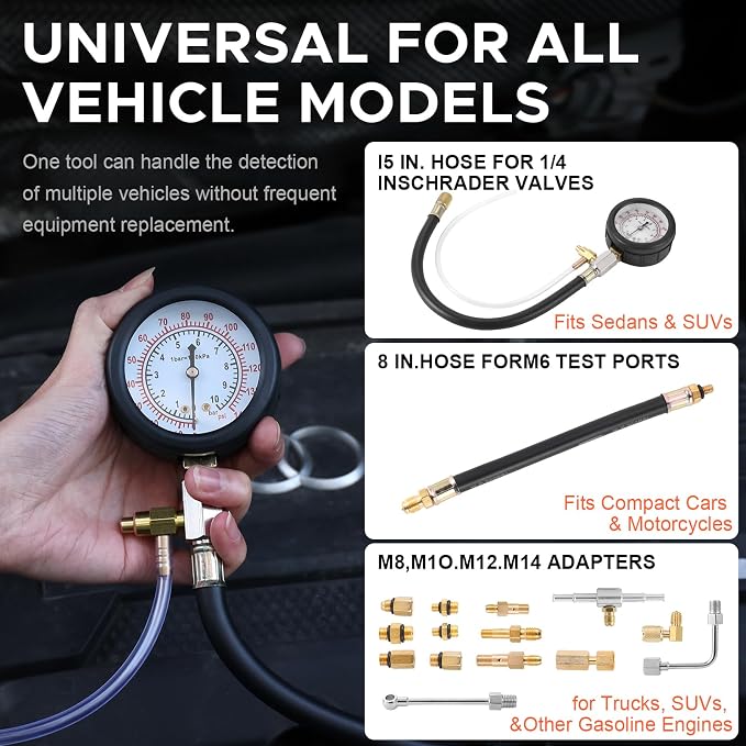 Fuel Pressure Tester Kit 0–140 PSI, Fuel Injection Pressure Tester & Fuel System Pressure Gauge Kit with Hoses and Adapters for Gasoline Cars Trucks Motorcycles（Blue）