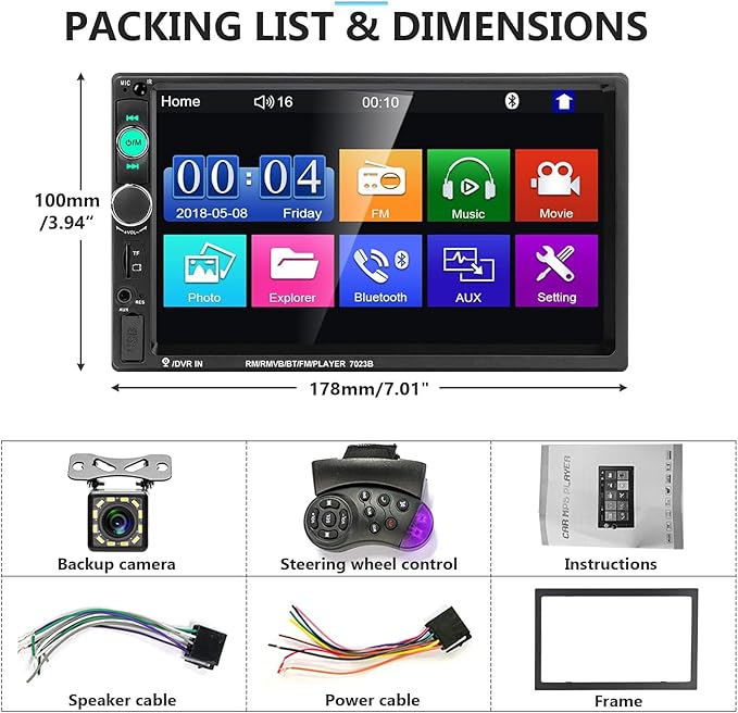 Podofo Car Stereo Double Din Car Radio 7 Inch MP5 Player with HD Touch Screen Digital Display Bluetooth Multimedia Support PhoneLink USB SD Aux-in 2 Din Autoradio with Backup Camera