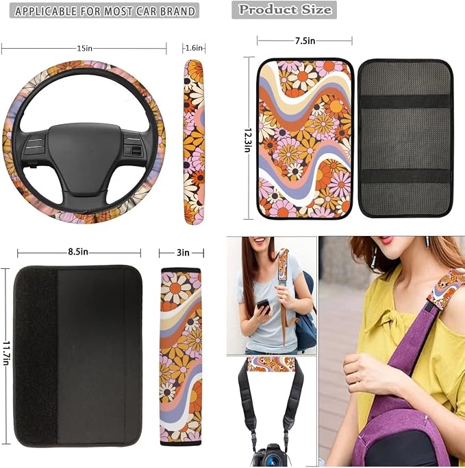 Mumeson Hippie Flower Car Seat Covers for Womens Car Steering Wheel Cover + Seat Belt Strap Pads Shoulder Pad + Armrest Cushion for Car 8 Pack Set Car Accessories Decor for Womens