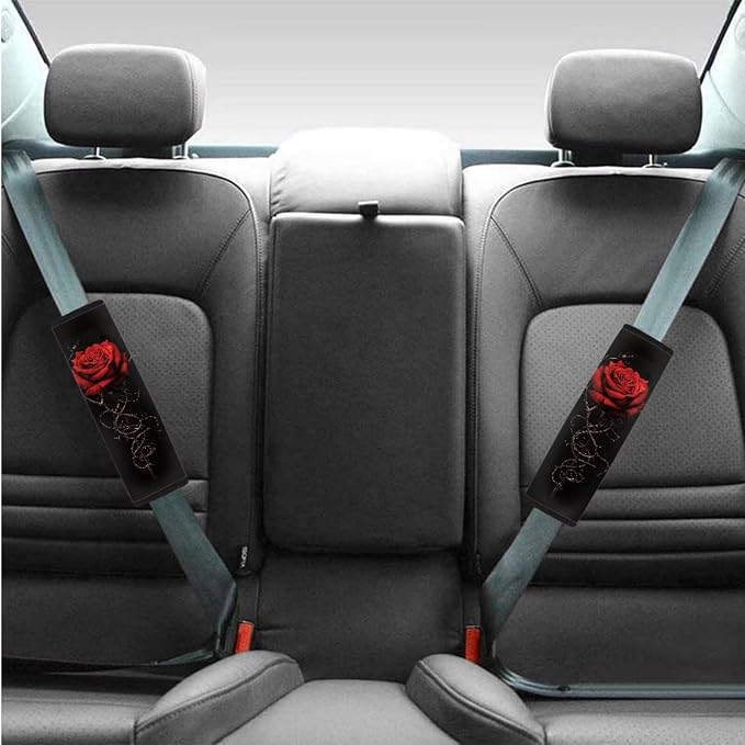 BIGCARJOB 12 Pcs Car Seat Covers Full Set for Women Interior Accessories Auto Seat Protector Set Red Rose Armrest Cushion,Seat Belt Pads,Steering Wheel Covers